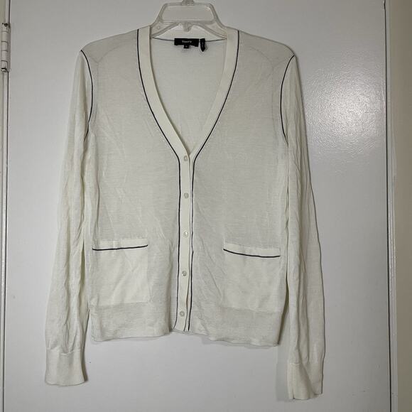 NWOT THEORY Ivory white lightweight silk knit button down cardigan size Medium - Picture 1 of 6